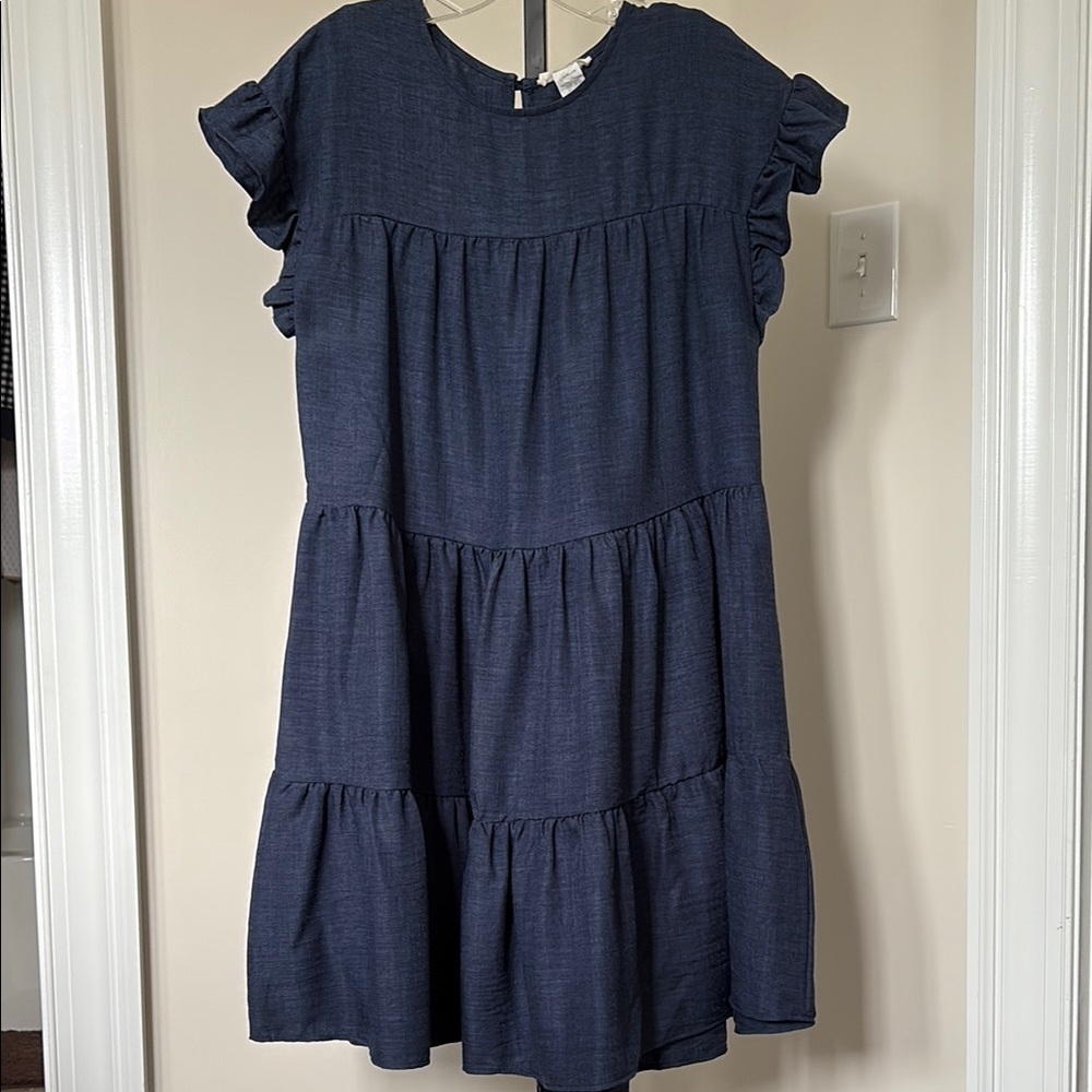 Navy Blue Tiered Ruffled Sundress with Flutter Sleeves